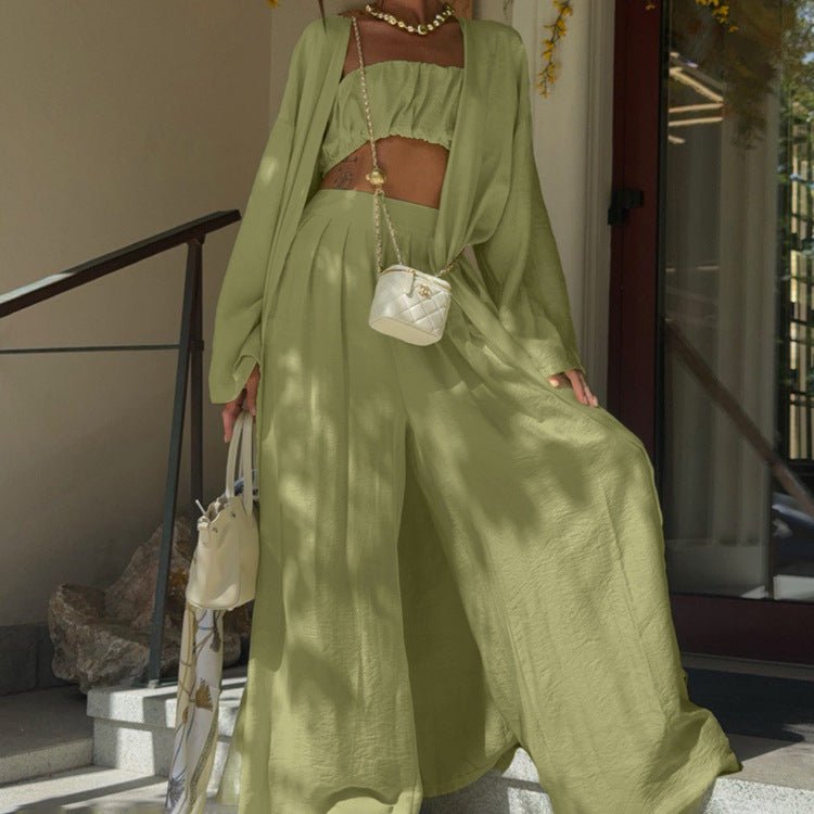 Sage Green 3-Piece Loungewear Set – Crop Top, Kimono Cardigan & Wide-Leg Pants