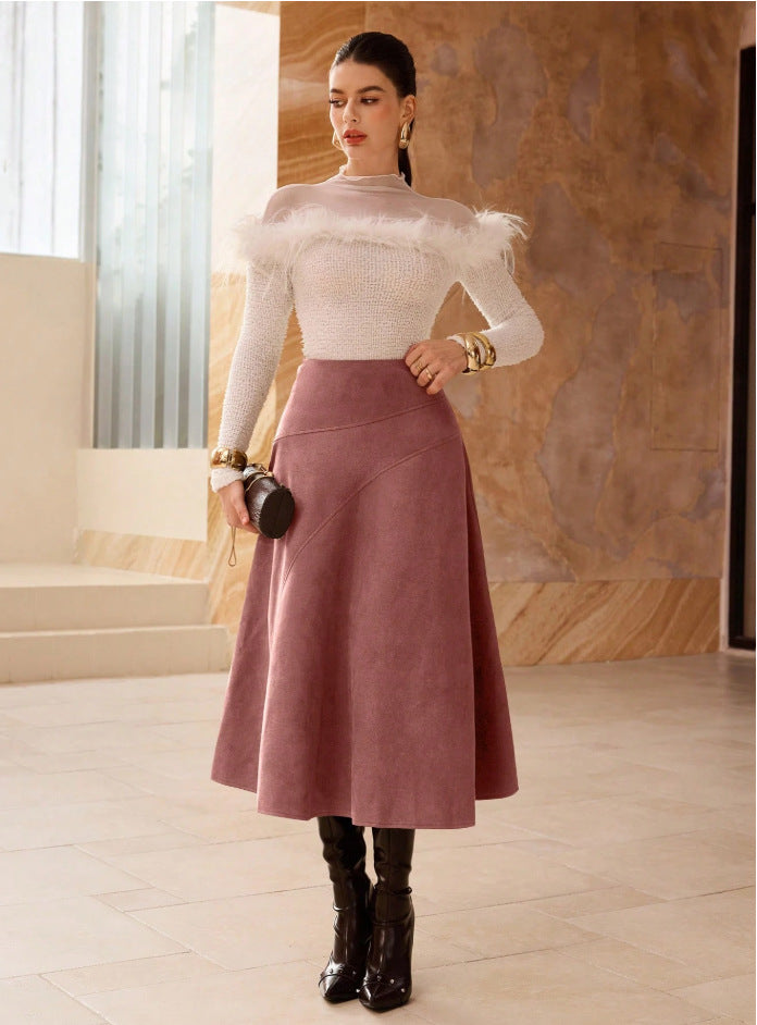 Solid-Color Faux Suede A-Line Long Skirt