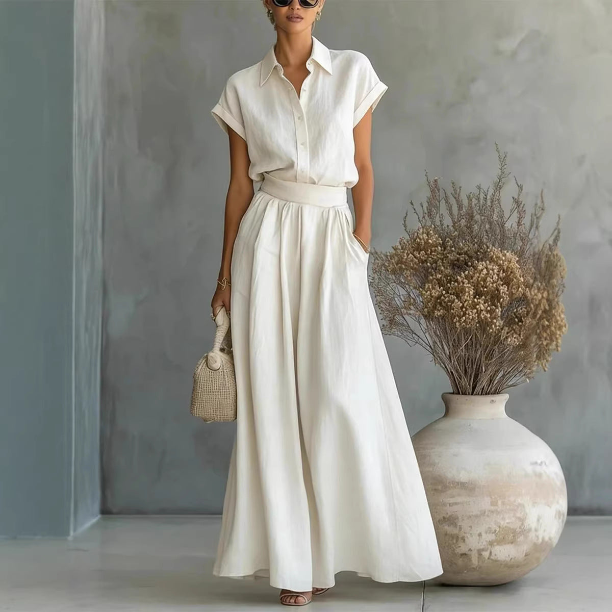 Asymmetric Cotton-Linen Shirt & Wide-Leg Pants Set
