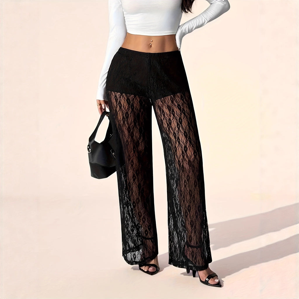 High-Waist Lace-Panel Wide-Leg Pants