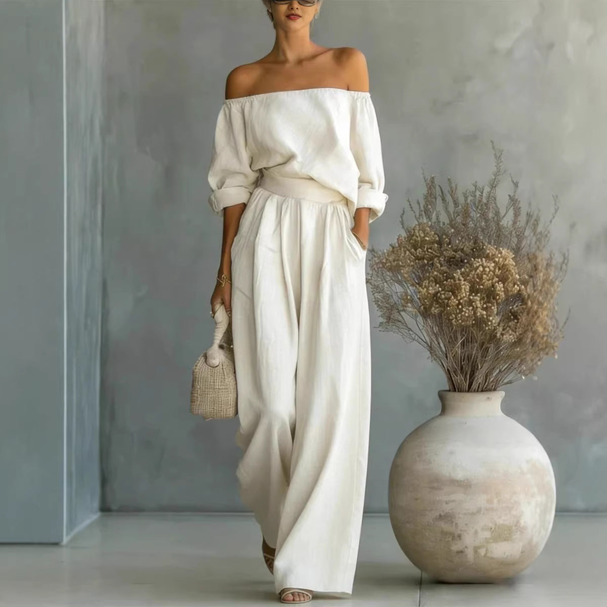 Off-Shoulder Long-Sleeve Top & Wide-Leg Pants Set