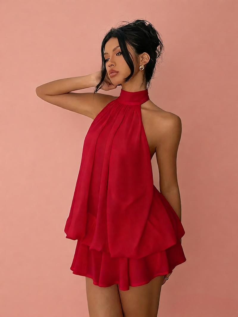 High-Waist Chiffon Halter A-Line Mini Dress