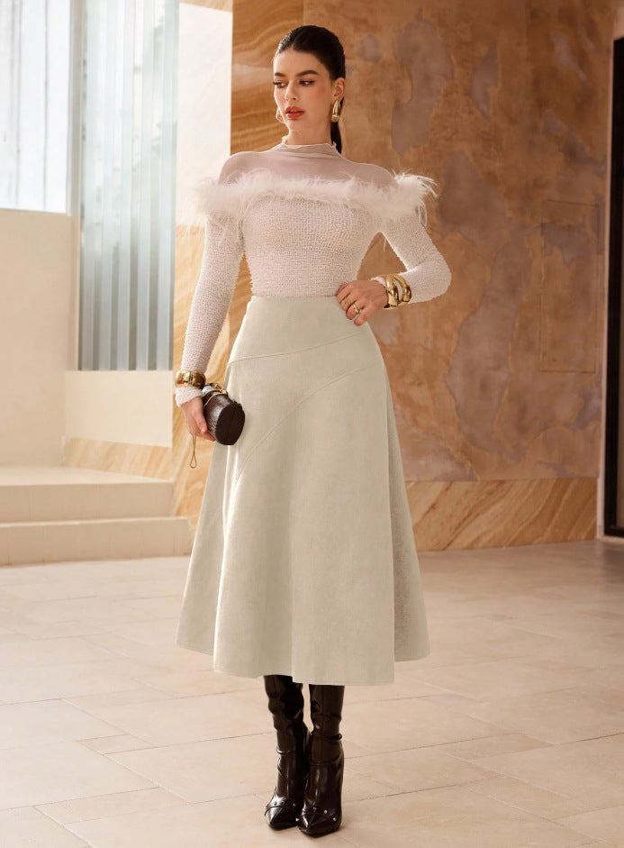 Solid-Color Faux Suede A-Line Long Skirt