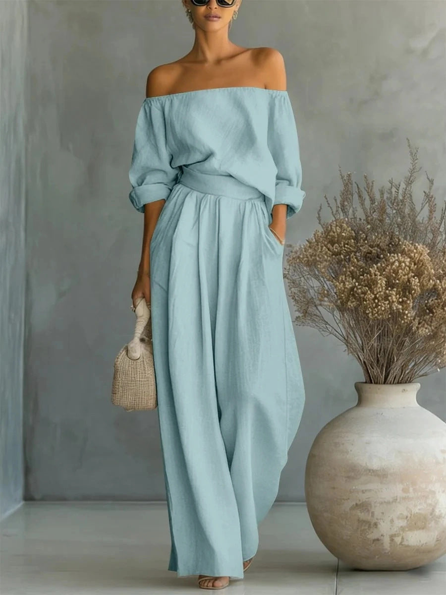 Off-Shoulder Long-Sleeve Top & Wide-Leg Pants Set