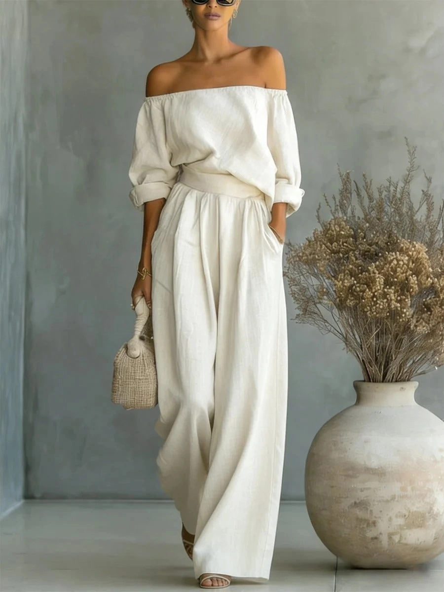 Off-Shoulder Long-Sleeve Top & Wide-Leg Pants Set