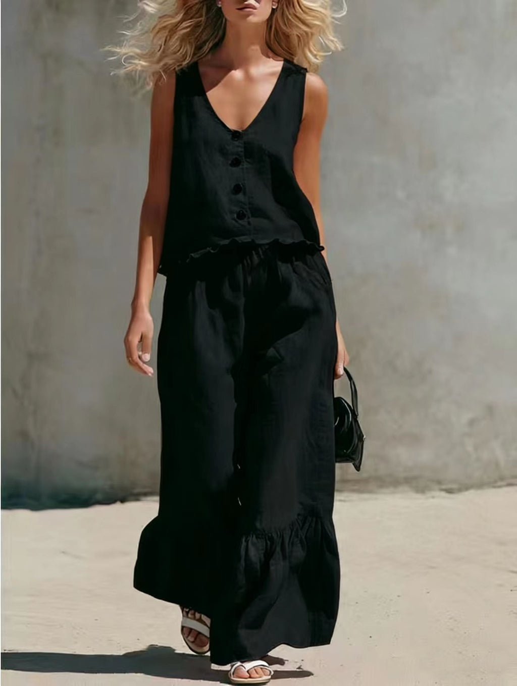 V-Neck Sleeveless Vest & Wide-Leg Pants Cotton-Linen Set
