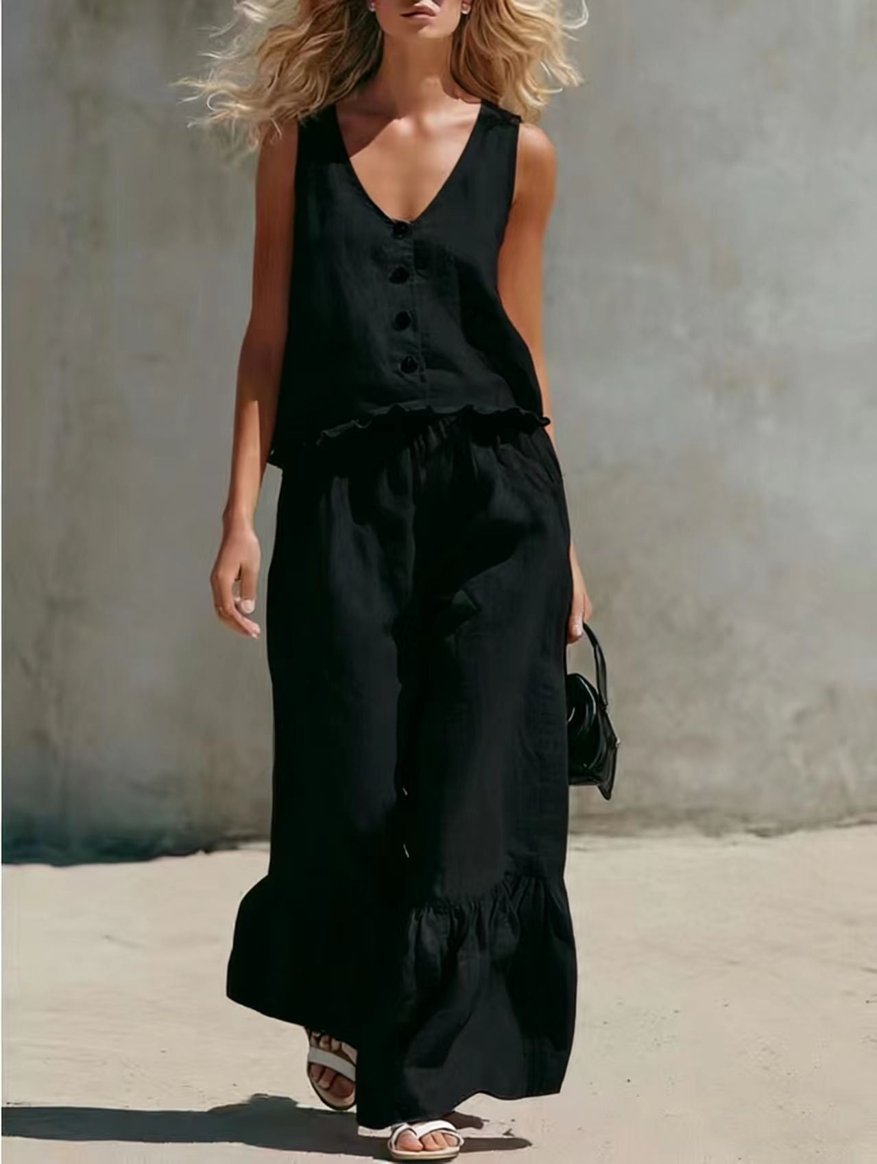 V-Neck Sleeveless Vest & Wide-Leg Pants Cotton-Linen Set