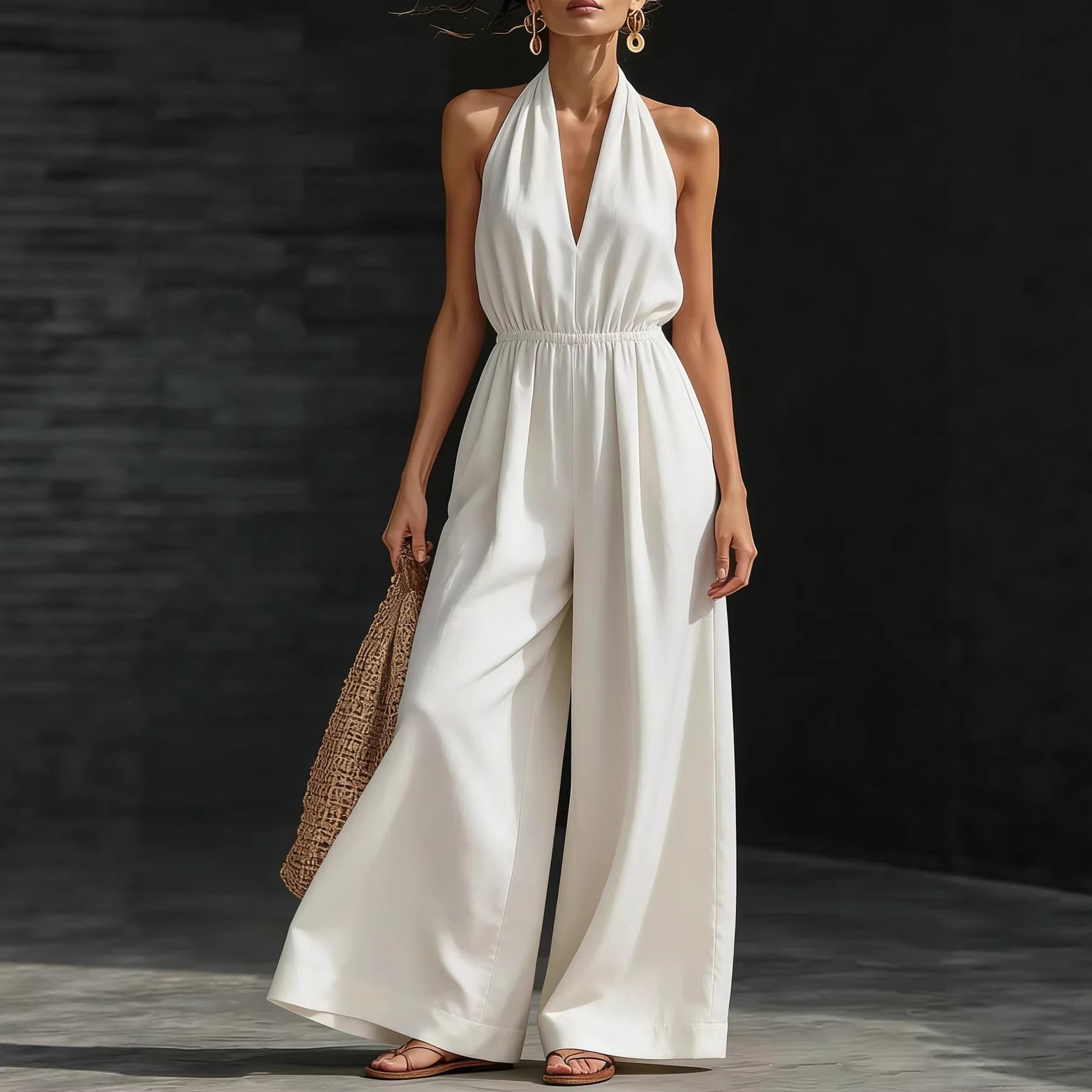 High-Waist V-Neck Halter Wide-Leg Cropped Jumpsuit