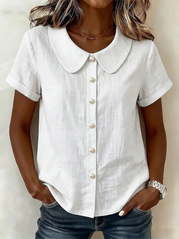 Solid-Color Loose-Fit Short-Sleeve Linen Shirt