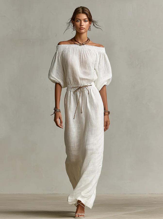 Casual Linen Lantern-Sleeve Top & Full-Length Pants Suit