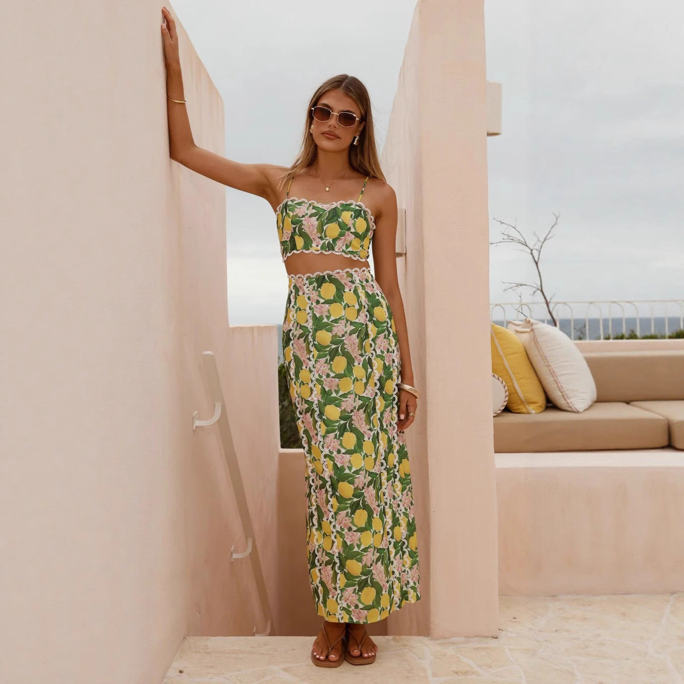 Lace-Trimmed Linen Camisole & Midi Skirt Set