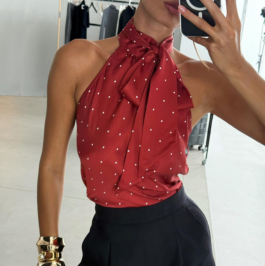 Satin Polka-Dot Lace-Up Halterneck Camisole