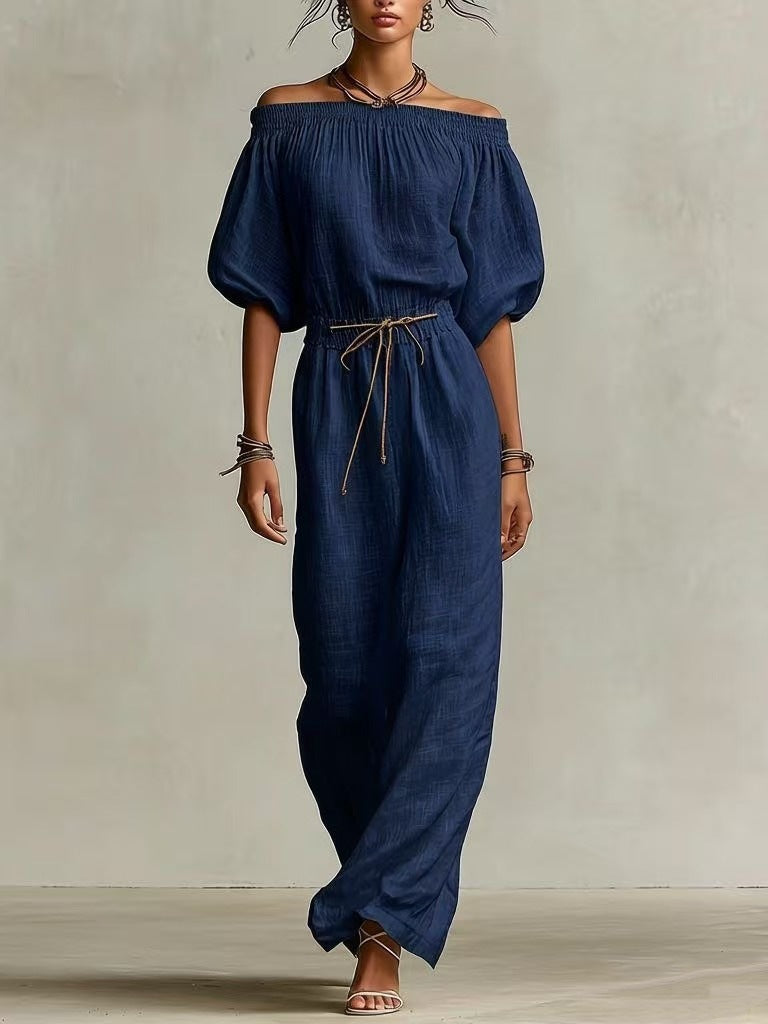 Casual Linen Lantern-Sleeve Top & Full-Length Pants Suit