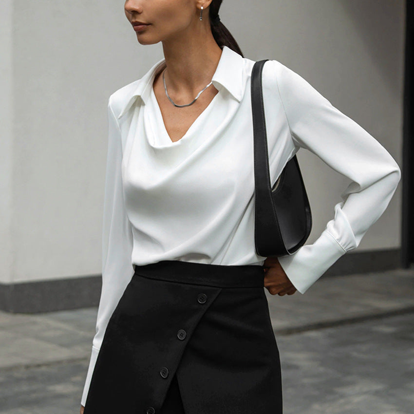 Solid-Color Collared Long-Sleeve Business Blouse