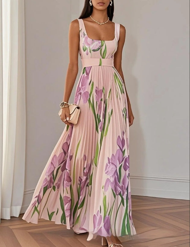 Garden Bloom High-Waist Pleated Midi Dress