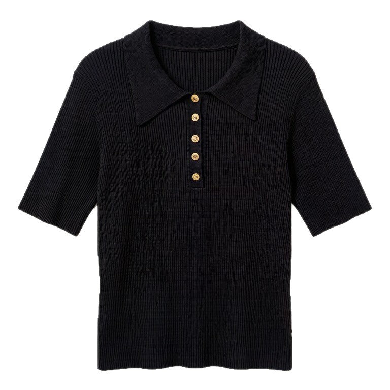 Chic Lapel Contrast-Knit Slim Top