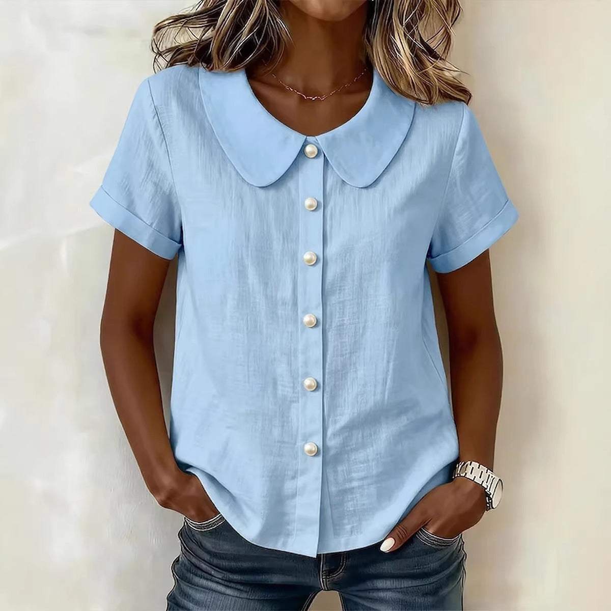Solid-Color Loose-Fit Short-Sleeve Linen Shirt