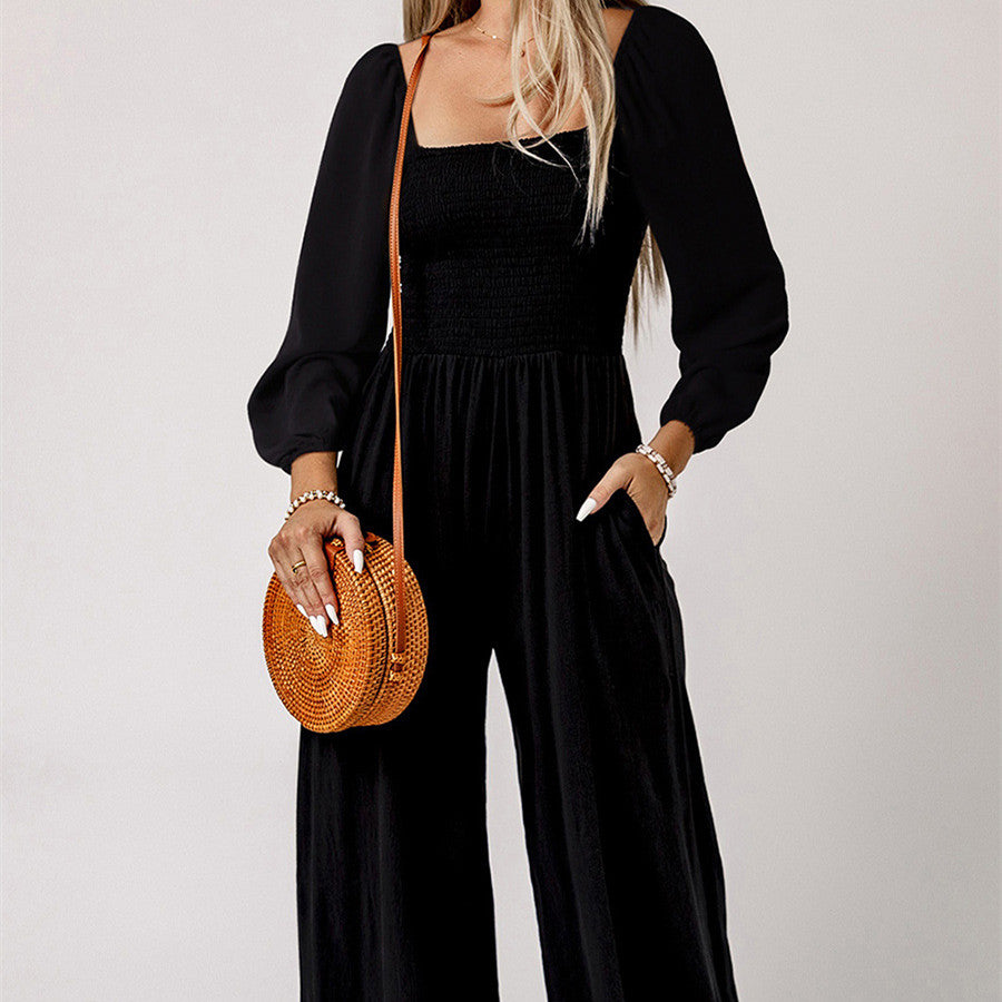 Casual High-Waist Long-Sleeve Pocket Jumpsuit