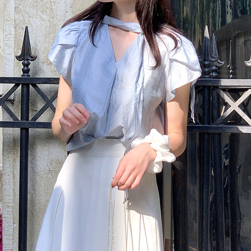 Ruffled-Sleeve V-Neck Cotton Blouse