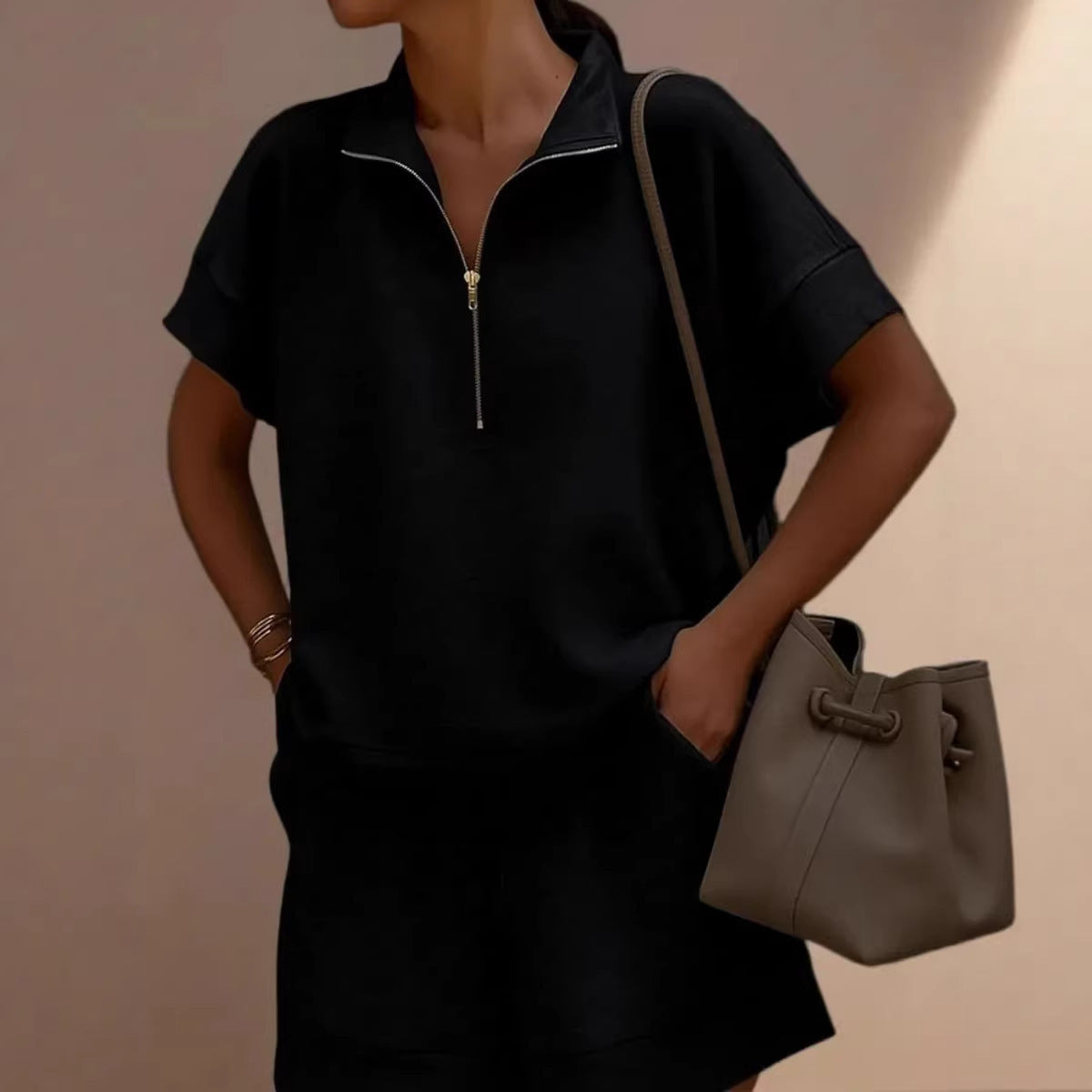 Solid-Color Casual Sweatshirt & Shorts Two-Piece Set