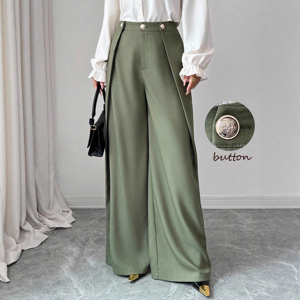 Asymmetric Pleated Solid-Color Pants