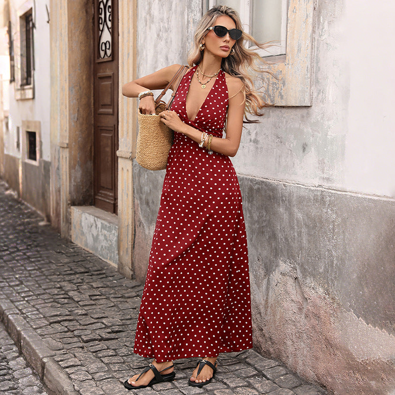 High-Waist Slim-Fit Halter Polka Dot Midi Dress