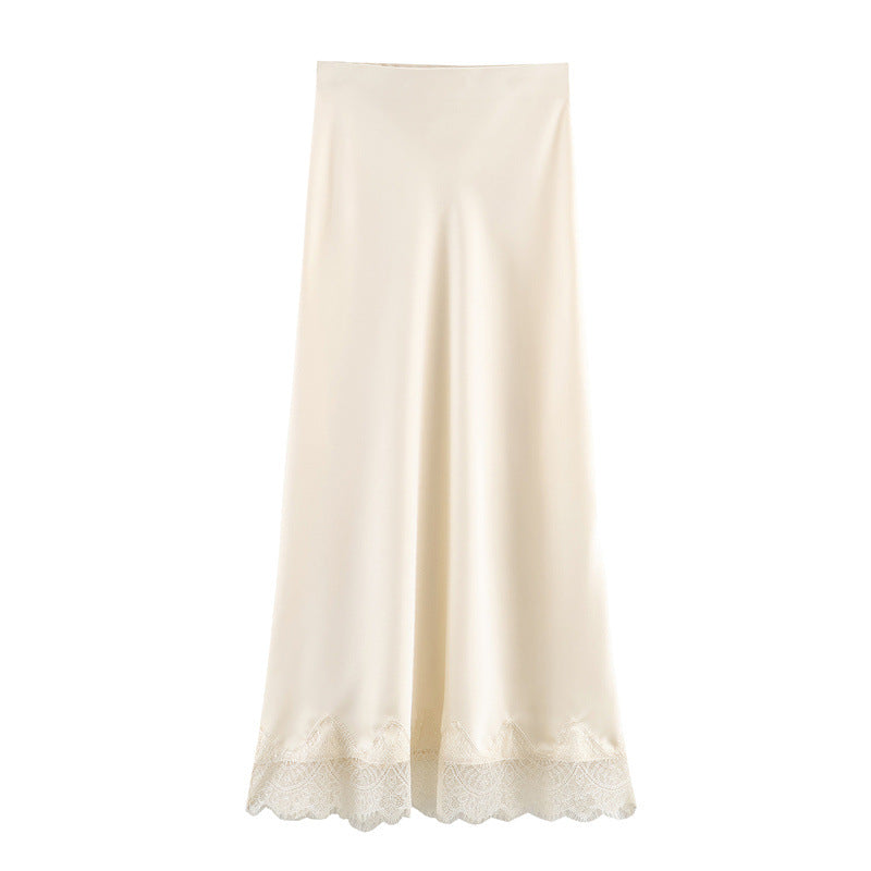 Lace-Trim Silk-Matte High-Waist Midi Skirt