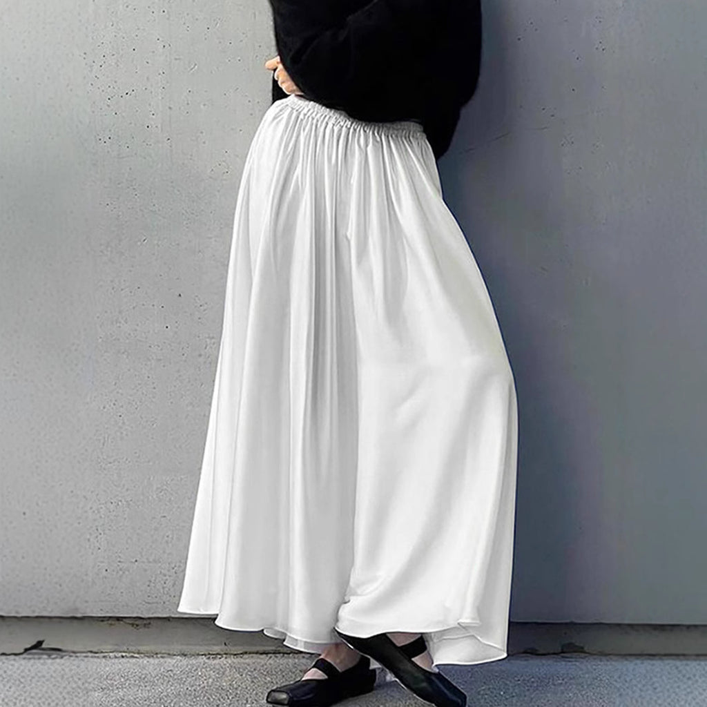 White Satin Pleated High-Waist Maxi Skirt