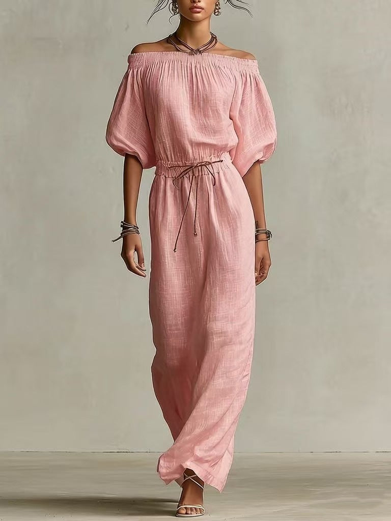 Casual Linen Lantern-Sleeve Top & Full-Length Pants Suit